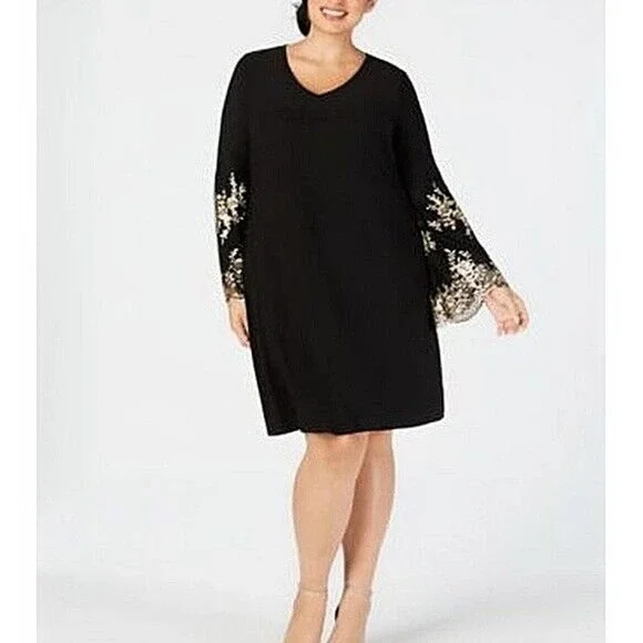 NWT MSK Bell Sleeve Shift Dress Black Gold Sleeve Women's Plus Size 1X H14730 - Picture 3 of 14